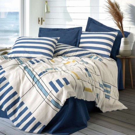 Lenjerie pat dublu Cotton Box Lunox bumbac 100% ranforce cu dungi bleumarin si design geometric