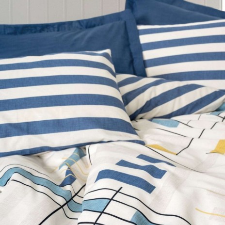 Lenjerie pat dublu Cotton Box Lunox bumbac 100% ranforce cu dungi bleumarin si design geometric