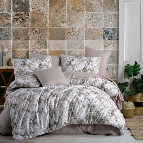 Lenjerie de pat bumbac 100% ranforce cu design geometric în nuanțe de bej și maro pe fundal alb