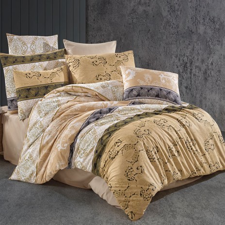 Lenjerie de pat bumbac 100% ranforce cu design clasic auriu și alb cu detalii ornamentale