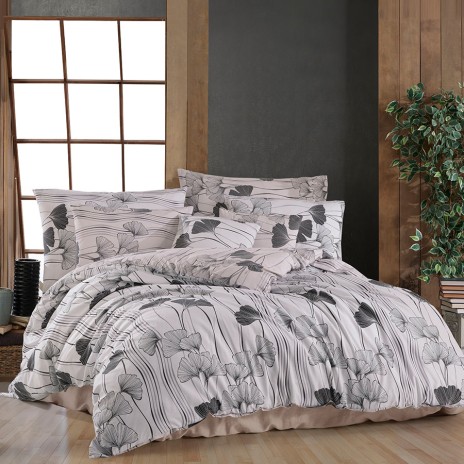Lenjerie de pat bumbac 100% ranforce cu design floral gri-negru pe fundal alb