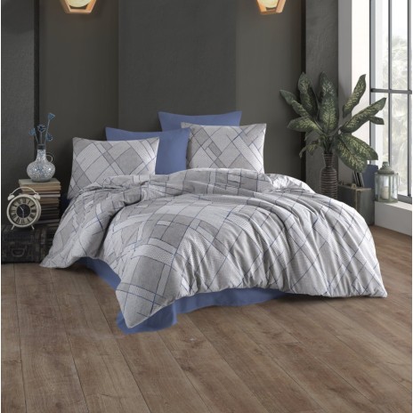 Lenjerie de pat dublu bumbac 100% ranforce Nazenin Home Livio cu design geometric în nuanțe de gri și albastru pe fundal alb