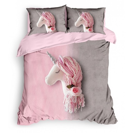 Lenjerie de pat dublu bumbac 100% ranforce Sweety roz-gri cu design unicorn și flori