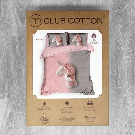 Lenjerie de pat dublu bumbac 100% ranforce Sweety roz-gri cu design unicorn și flori