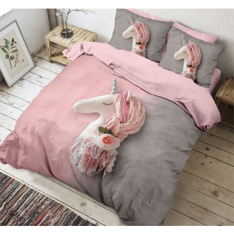 Lenjerie de pat dublu bumbac 100% ranforce Sweety roz-gri cu design unicorn și flori