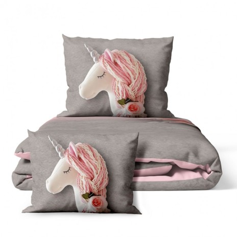 Lenjerie de pat dublu bumbac 100% ranforce Sweety roz-gri cu design unicorn și flori