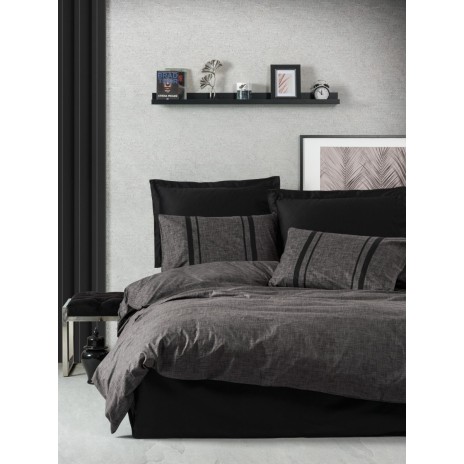 Lenjerie de pat dublu bumbac 100% ranforce Cottonbox Bitter, design modern minimalist în antracit cu detalii negre.