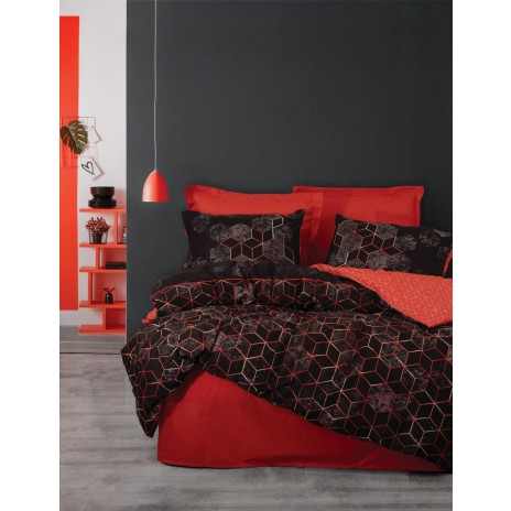 Lenjerie de pat Cottonbox, din bumbac 100% ranforce, cu model geometric roșu-negru