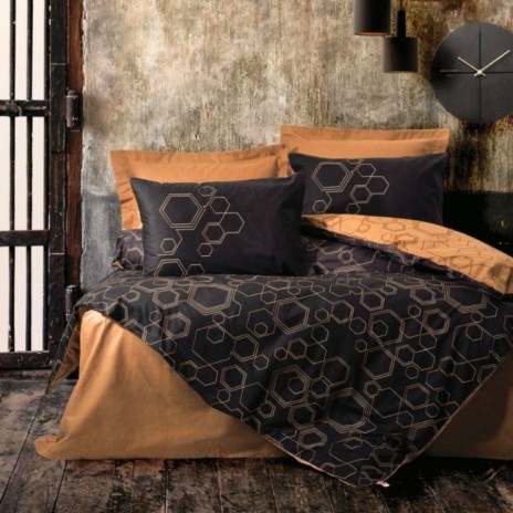 Lenjerie pat dublu Cotton Box Dawn Copper bumbac ranforce model geometric negru si copper