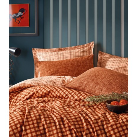Lenjerie de pat dublu din bumbac 100% ranforce cu design rustic în carouri maro și crem