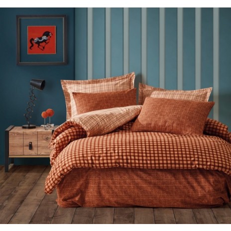 Lenjerie de pat dublu din bumbac 100% ranforce cu design rustic în carouri maro și crem