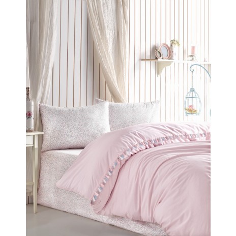 Lenjerie de pat dublu din bumbac 100% ranforce cu design floral delicat și cearșaf roz