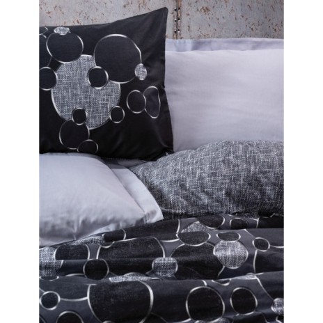 Lenjerie de pat din bumbac 100% ranforce, model Round Grey, motive circulare și abstracte în nuanțe de gri și negru