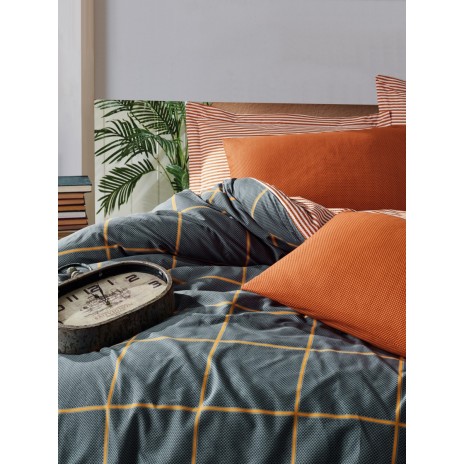 Lenjerie de pat dublu din bumbac 100% ranforce cu design carouri galbene pe fundal gri și dungi portocalii