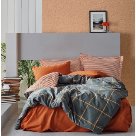 Lenjerie de pat dublu din bumbac 100% ranforce cu design carouri galbene pe fundal gri și dungi portocalii