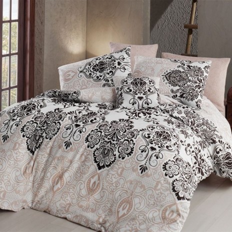 Lenjerie de pat dublu Nazenin Home Luxury Maro cu design elegant în tonuri de maro și negru.