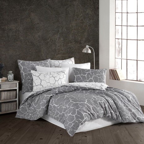 Lenjerie de pat gri cu alb, model abstract crăpături rocă, design modern