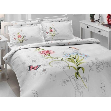 Lenjerie de pat albă din bumbac satinat cu flori roz și albastre, fluturi roșii și frunze verzi, set romantic TAC