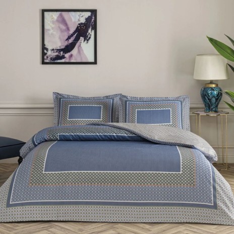 lenjerie pat bumbac satinat TAC Mako Serenya model geometric albastru elegant