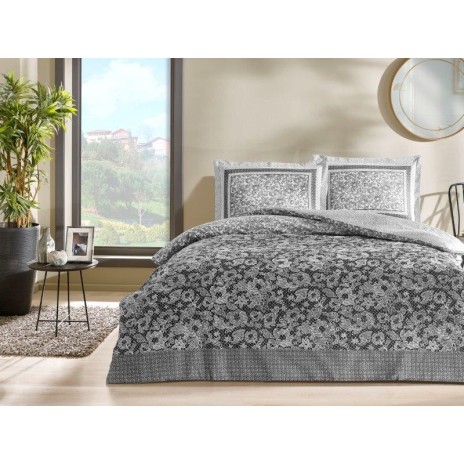 Lenjerie de pat florală gri-negru TAC Amelia, model floral pe fundal gri și negru, set de 5 piese din mako-satin