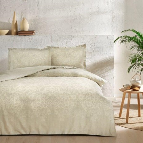 Lenjerie de pat din bumbac satinat Herta TAC, set 4 piese, design floral subtil, culoare bej kaki