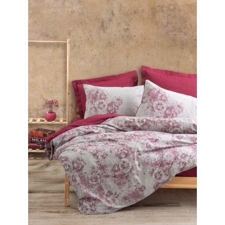Lenjerie de pat Vilda-Claret Red cu nuanțe de roșu și gri, floricele elegante