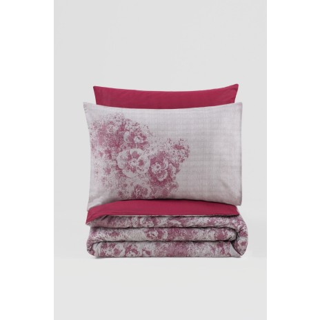 Lenjerie de pat Vilda-Claret Red cu nuanțe de roșu și gri, floricele elegante