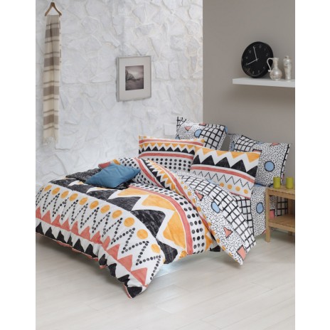 Lenjerie de pat Bettina-Yellow cu nuanțe de galben, portocaliu, negru și alb, design geometric vesel