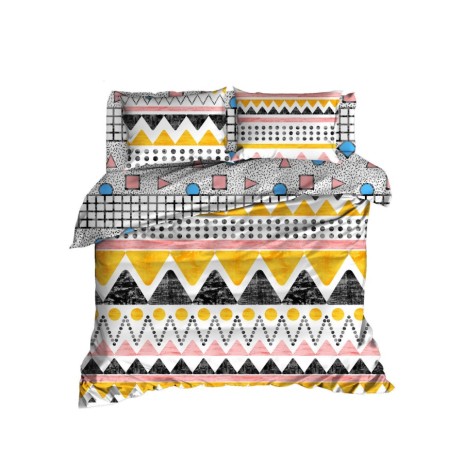 Lenjerie de pat Bettina-Yellow cu nuanțe de galben, portocaliu, negru și alb, design geometric vesel