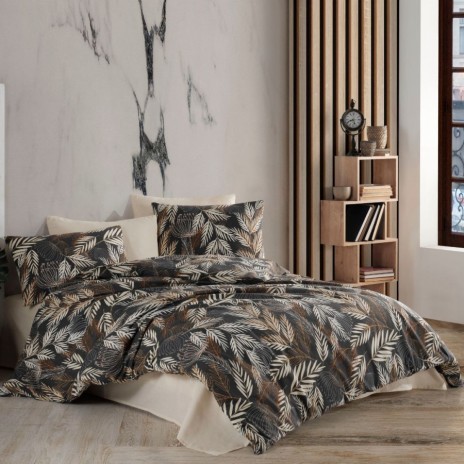 Lenjerie de pat dublu bumbac ranforce Dream Fenomen cu design floral tropical în nuanțe de negru, bej și alb.