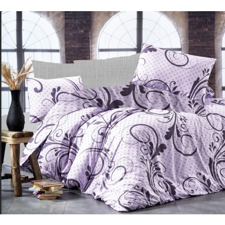 Lenjerie de pat dublu colecția Dream Nazenin Home cu 4 piese și design floral și geometric în nuanțe de lila și negru pe fundal lila.