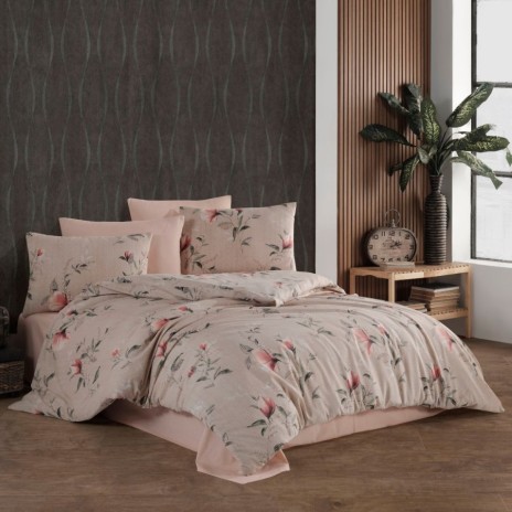 Lenjerie de pat Dream Mina, bumbac ranforce, design floral roz și verde, eleganță și confort pentru dormitor.