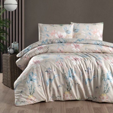 Lenjerie pat dublu bumbac 100% ranforce Amaris Bej cu flori pastelate