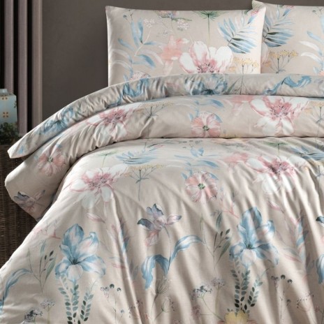 Lenjerie pat dublu bumbac 100% ranforce Amaris Bej cu flori pastelate