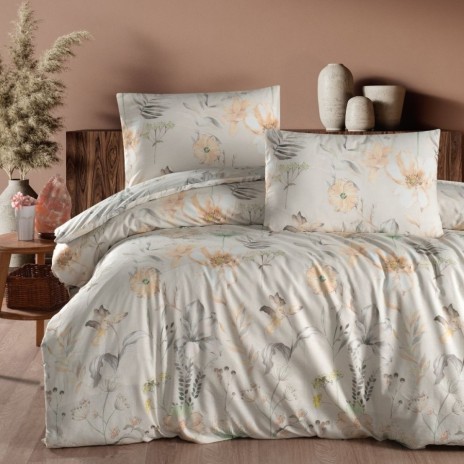 Lenjerie pat dublu bumbac 100% ranforce Amaris crem cu flori pastelate