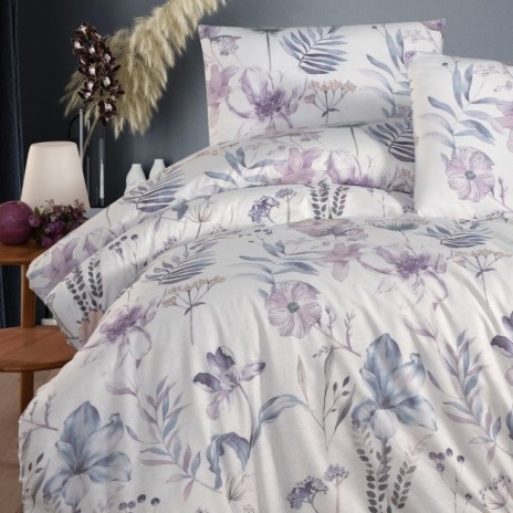 Lenjerie pat dublu bumbac 100% ranforce Amaris Lila cu flori pastelate