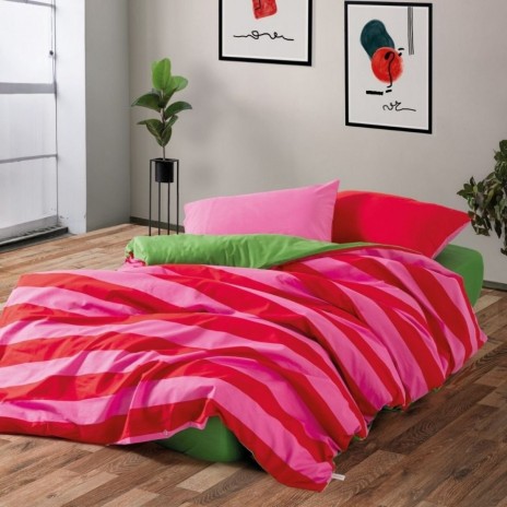 Lenjerie pat dublu bumbac ranforce Cozy Home Cherie, imprimeu cu dungi roz și roșii