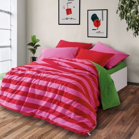 Lenjerie pat dublu bumbac ranforce Cozy Home Cherie, imprimeu cu dungi roz și roșii