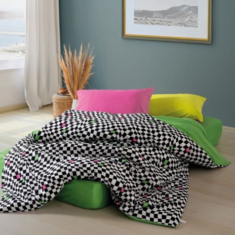 Lenjerie pat dublu alb-negru Cozy Home Dazzle cu accente roz, verde și galben, din bumbac ranforce