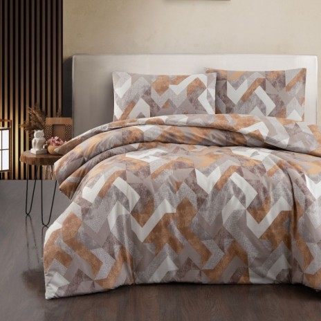 Lenjerie pat dublu bumbac 100% ranforce Rayce maro model geometric in nuante de bej si maro