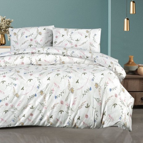 Lenjerie pat dublu bumbac 100% ranforce Spring Bej cu flori de camp colorate