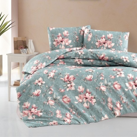 Lenjerie pat dublu bumbac 100% ranforce Marea blue cu magnolii roz pe fundal verzui bleu