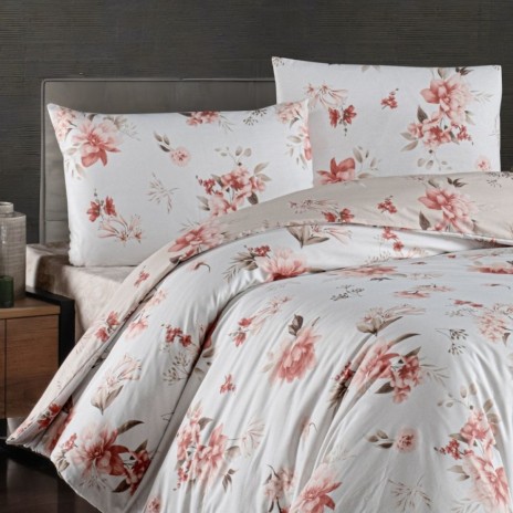 Lenjerie pat dublu bumbac 100% ranforce Eliza Mink cu flori piersica