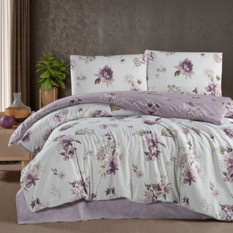 Lenjerie pat dublu bumbac 100% ranforce Eliza violet cu flori lila