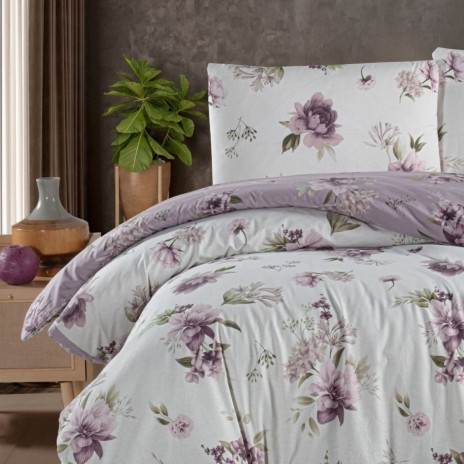 Lenjerie pat dublu bumbac 100% ranforce Eliza violet cu flori lila