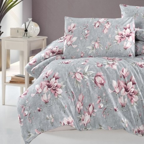 Lenjerie pat dublu bumbac 100% ranforce Marea Powder cu magnolii roz pe fundal gri