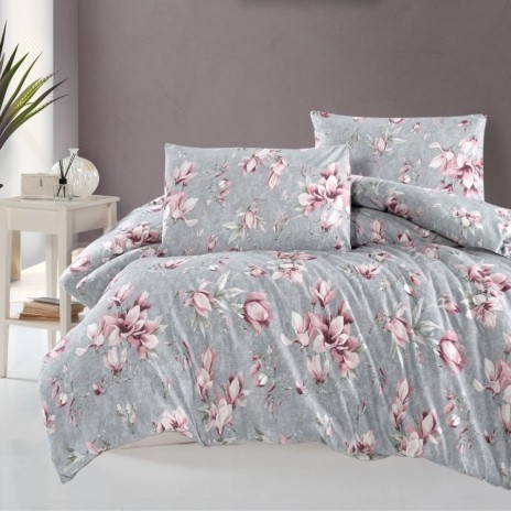 Lenjerie pat dublu bumbac 100% ranforce Marea Powder cu magnolii roz pe fundal gri