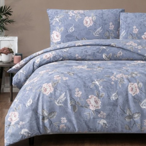 Lenjerie pat dublu bumbac 100% ranforce Ibiza indigo cu flori si pasari