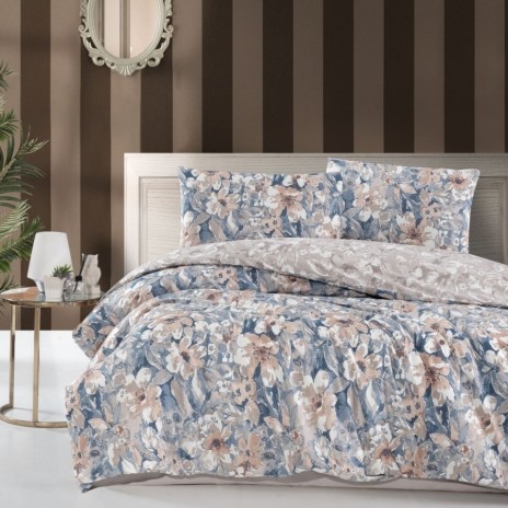 Lenjerie pat dublu bumbac 100% ranforce Joly Blue cu flori bej