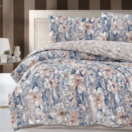 Lenjerie pat dublu bumbac 100% ranforce Joly Blue cu flori bej